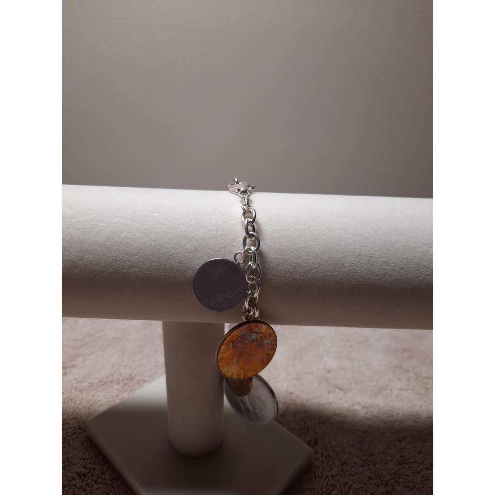 Charm coin bracelet with Italian liras in sterling silver 8 inches